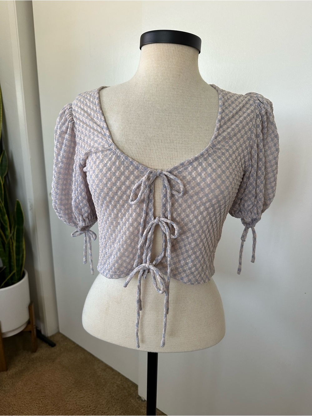 Free People Lavender Blue Check Tie-Front Puff Sleeve Crop Top